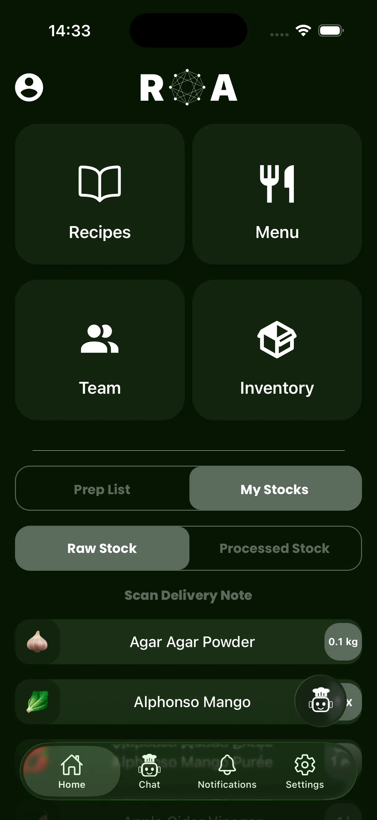 ROA Chef home screen on mobile, connecting the team and prep list at a glance
